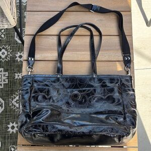 Coach Signature stitched Black patient leather diaper Bag purse laptop carrier